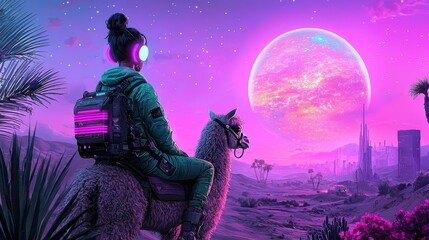 Girl with Llama in Neon World