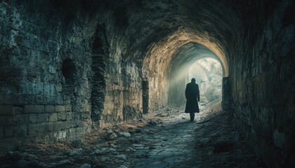 Mysterious figure walks a crumbling, ancient tunnel.