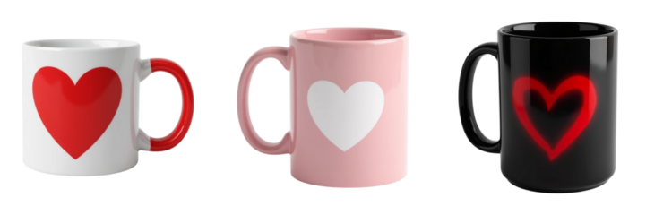 Mugs with heart designs in various colors, perfect for expressing love and affection. Ideal for gifts or personal use