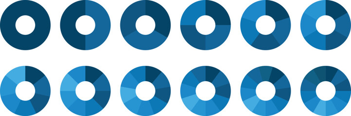 Pie chart set, segmented circle icons, circle diagram. Pie chart divided 1,2,3,4,5,6 equal parts. Color pizza or donut round diagram. Infographic wheel segment or sections parts. Vector illustration