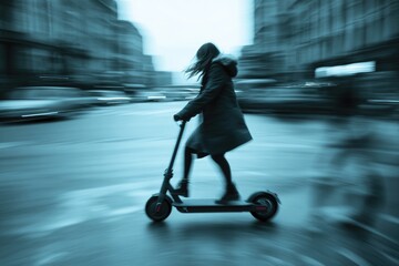 Fototapeta premium A woman swiftly rides an electric scooter through a blurred city street, showcasing urban mobility.