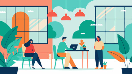 Natural Lighting An illustration featuring large windows that let in natural light with plants enhancing the space and employees enjoying the bright atmosphere.