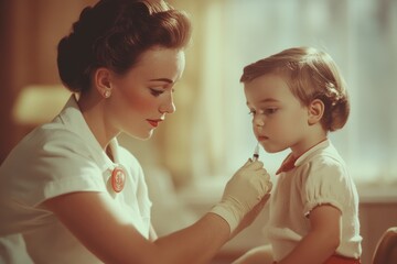 A 1940s styled nurse gently administers an injection to a young child, showcasing a vintage medical scene.
