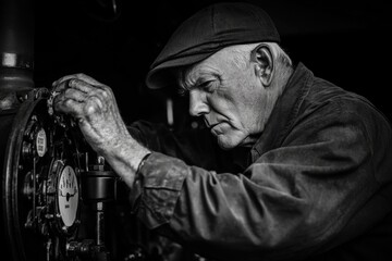 An elderly man meticulously works on an industrial machine, his expertise evident in his focused gaze and steady hands.