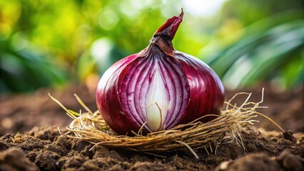A juicy red onion bulb with a papery skin, freshly plucked from the earth, exposing its inner layers and revealing the tender white flesh underneath , nature, harvest