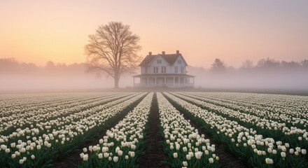 Obraz premium Rural House By A White Flower Bed