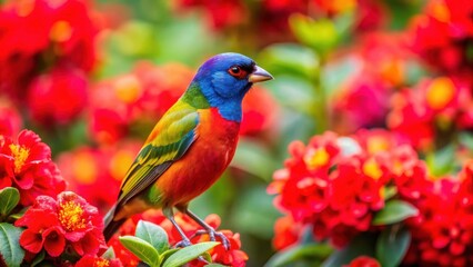 Obraz premium Bird amidst vibrant red flowers, colorful bird