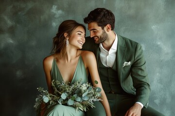 A lovingly embracing couple in sage green attire, holding a eucalyptus bouquet, creates a romantic and serene mood.