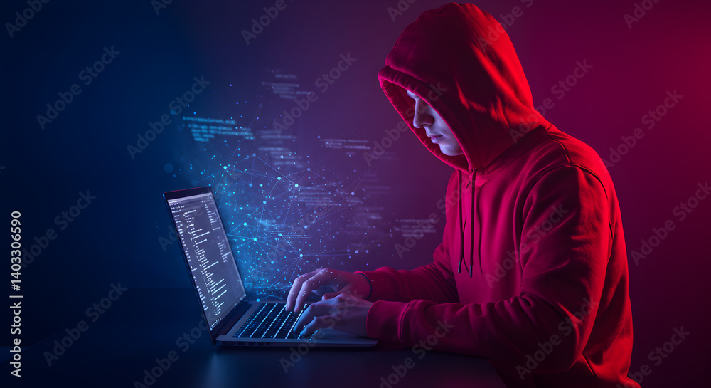 Poster person in red hoodie hacking a laptop with glowing binary code on dark background