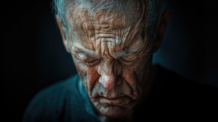 Close-up portrait of a pensive elderly man.  Deeply focused, wrinkled face,  dark background.  Expression of sadness, loneliness, or contemplation