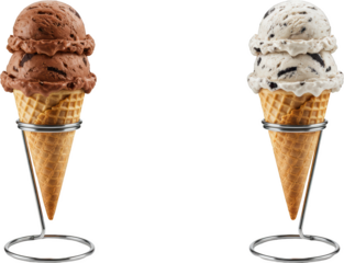 Delicious Double Scoop Ice Cream Cones Chocolate and Cookies and Cream Flavors