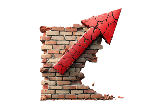 Red arrow breaking brick wall barrier isolated on transparent background
 - Powered by Adobe