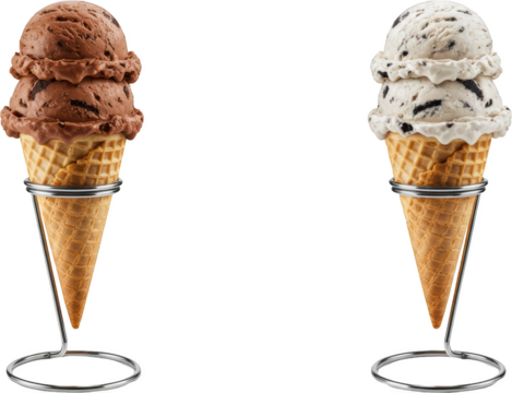 Delicious Double Scoop Ice Cream Cones Chocolate and Cookies and Cream Flavors