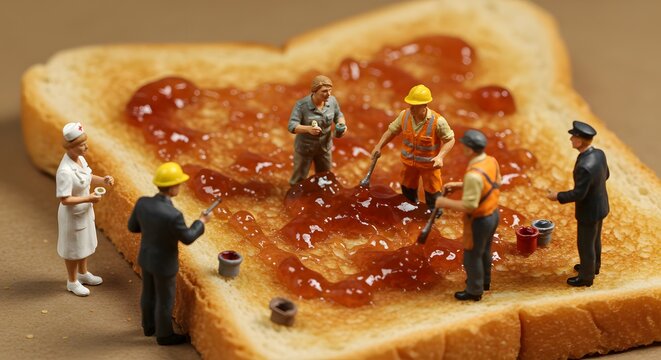 Miniature Workers Decorating Toast with Jam: A Whimsical Food Photography Scene