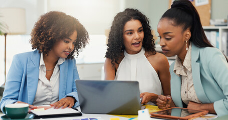 Laptop, meeting and group discussion with business women brainstorming project for interior design. Computer, collaboration and creative team planning, color ideas or decor sourcing at startup office