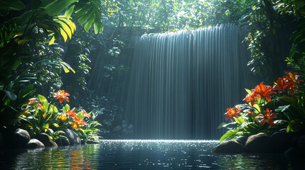Lush rainforest waterfall cascading into a tranquil pool.