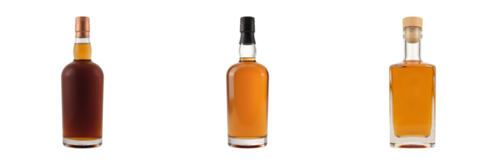 Elegant whiskey bottles displayed in row, showcasing various shades of amber and brown, perfect for sophisticated setting