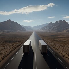 Double trailer configuration moving down open highway, long haul concept, 3D illustration