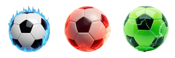 Dynamic soccer balls with flame, ice, and electric effects, showcasing vibrant colors and unique designs, perfect for sports enthusiasts