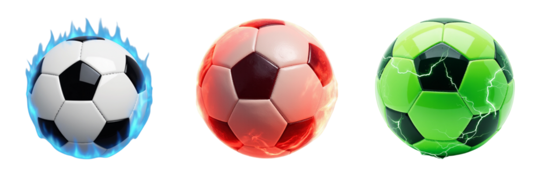 Dynamic soccer balls with flame, ice, and electric effects, showcasing vibrant colors and unique designs, perfect for sports enthusiasts