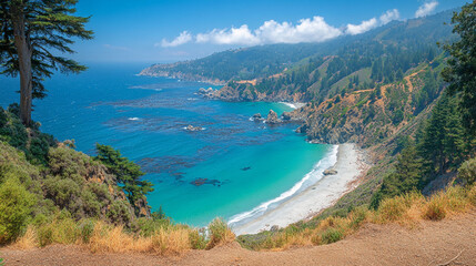 Obraz premium Coastal scenery of a secluded beach nestled among towering cliffs.