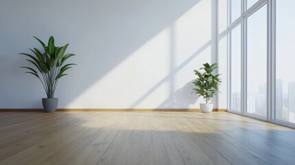 Sunny empty room, plants, hardwood floor, city view, interior design
