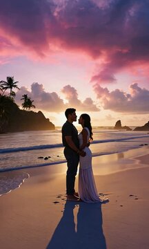 Couple Embracing on Tropical Beach at Sunset Romantic Moment