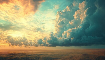 A breathtaking vista of a golden sunset over a vast field, with dramatic clouds.