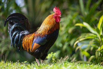 Ein farbenprächtiges Bankivahuhn (Gallus gallus) in natürlicher Umgebung. Der bunte Hahn steht im grünen Gras und strahlt Lebendigkeit und Exotik aus.