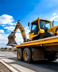 Open trailer with heavy equipment loaded, wide load signage