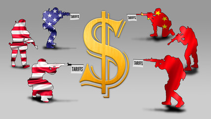 Trade war between the United States and China represented by soldiers and flags with the word tariff in light background