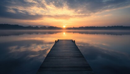 Obraz premium Serene sunrise over a tranquil lake with a wooden pier.