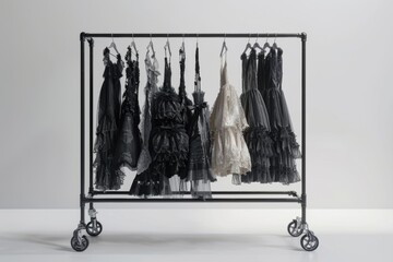 Luxurious black metal clothes rack with industrial wheels placed in a minimalist white space.