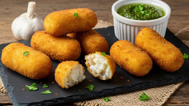 Crispy codfish croquettes with garlic pesto 