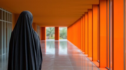 A Woman in Black in an Orange Corridor