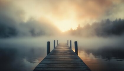 Misty morning sunrise over a tranquil lake dock.