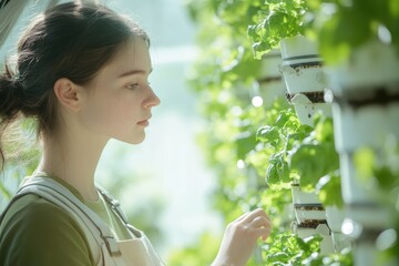 Obraz premium Young woman observing hydroponic lettuce growing in a greenhouse, showcasing sustainable agriculture.