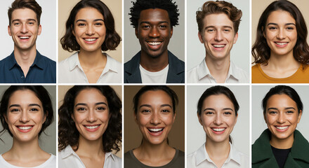 Collage of portraits and faces of multiracial group of various smiling young people, good use for userpic and profile picture. Diversity concept