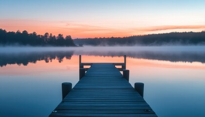 Peaceful wooden dock at sunrise over a tranquil lake.