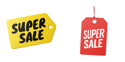 Bright yellow and red sale tags featuring bold text that reads Super Sale, perfect for promotional events and discounts