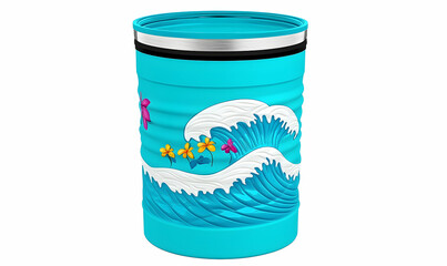 Colorful beach-themed container with waves and flowers, set against a bright background, ideal for summer decor