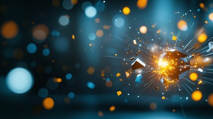 Exploding particles forming an abstract energy sphere in a black space, colorful fragments dispersing in slow motion, dynamic and vibrant digital effect.