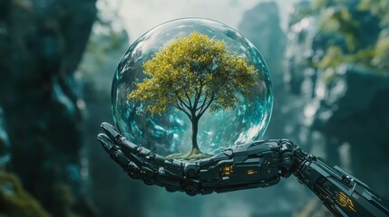 Earth crystal glass globe ball and tree in robot hand saving the environment, save a clean planet, ecology concept. technology science of environment concept for the development of sustainability.
