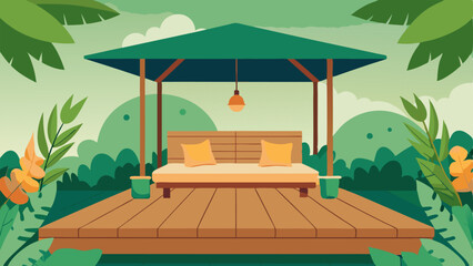 A wooden deck with a builtin lounge area complete with plush cushions and a leafy green canopy overhead.