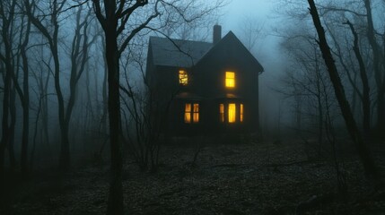 Eerie night scene of a dark house with glowing windows in a foggy forest setting.