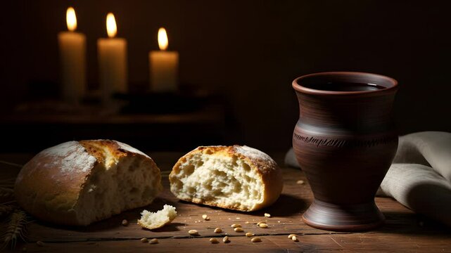 Rustic bread and wine table. It conveys communion and faith.