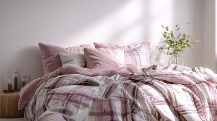 Soft pink bedding in a cozy bedroom.