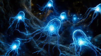 Obraz premium Intricate glowing cells in a dark biological environment.