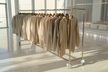 A modern mobile clothing rack with a sturdy metal frame and rubber wheels placed on the immaculate white floor of the showroom.