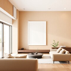 Modern living room with large window and minimal design in a bright apartment